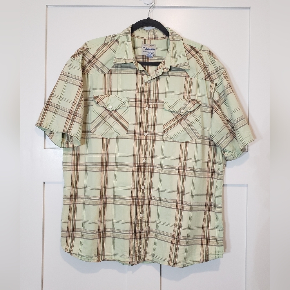 U.S. Expedition Vintage Shirt Pearl Snap Down Short Plaid Cotton XL Gre…